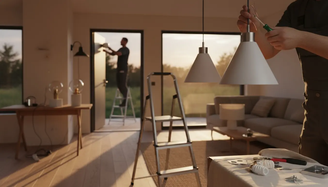 Installatør monterer indendørs lamper inde i en stue, mens en sensor monteres på udendørs lampe set gennem døren.