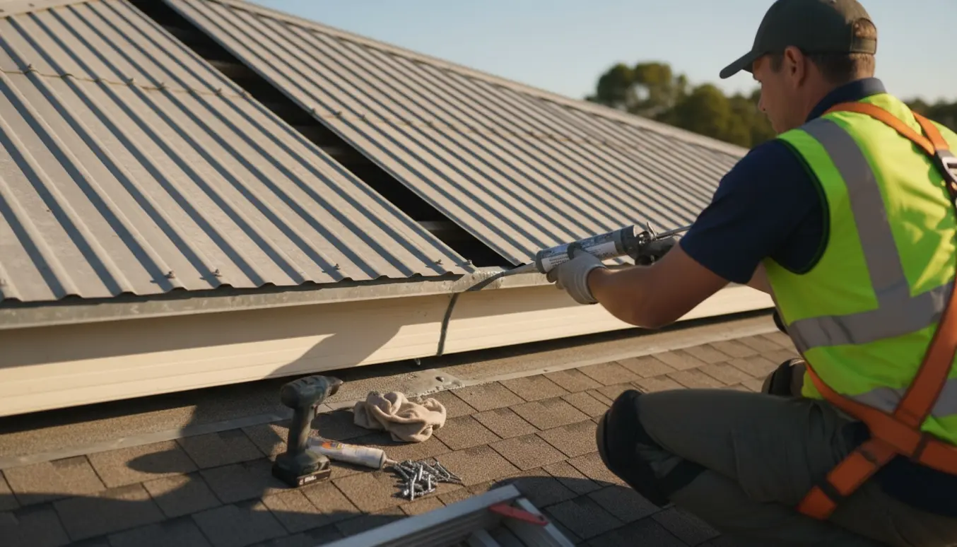 En håndværker limer to løse tagplader fast på et ensplans hus' tag i tørt vejr.