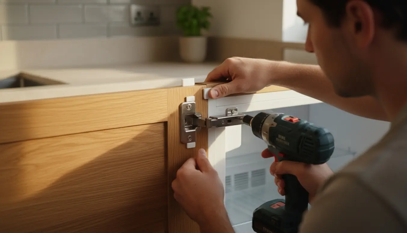 Nærbillede af hænder, der monterer en køkkenlåge på et integreret køle-/fryseskab med skruetrækker og hængsler.