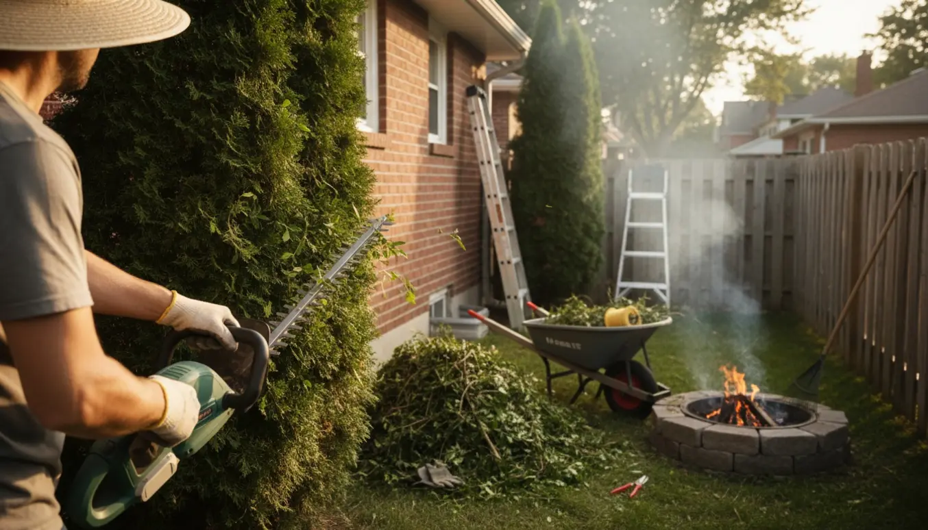 En person klipper hækken i haven, mens afklippede grene samles og kastes på et lille bål.