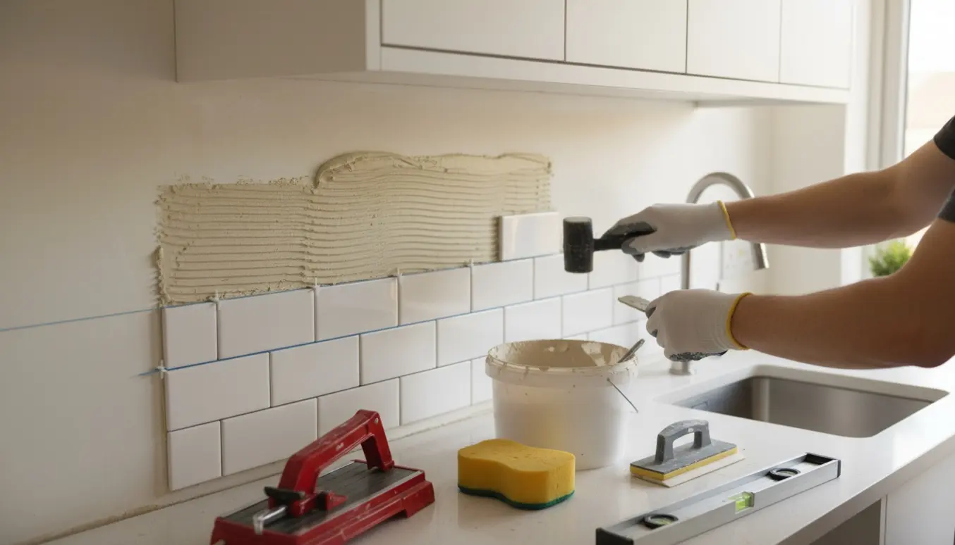 Hænder monterer hvide metrofliser på en nyligt spartlet køkkenvæg under overskabe.