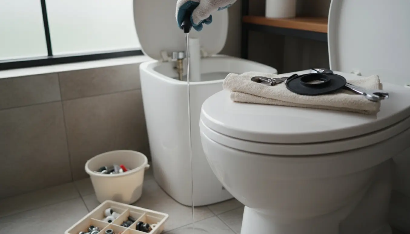 Åbent toilettank med en svag vandstrøm og værktøj klar til at reparere et toilet, der løber.