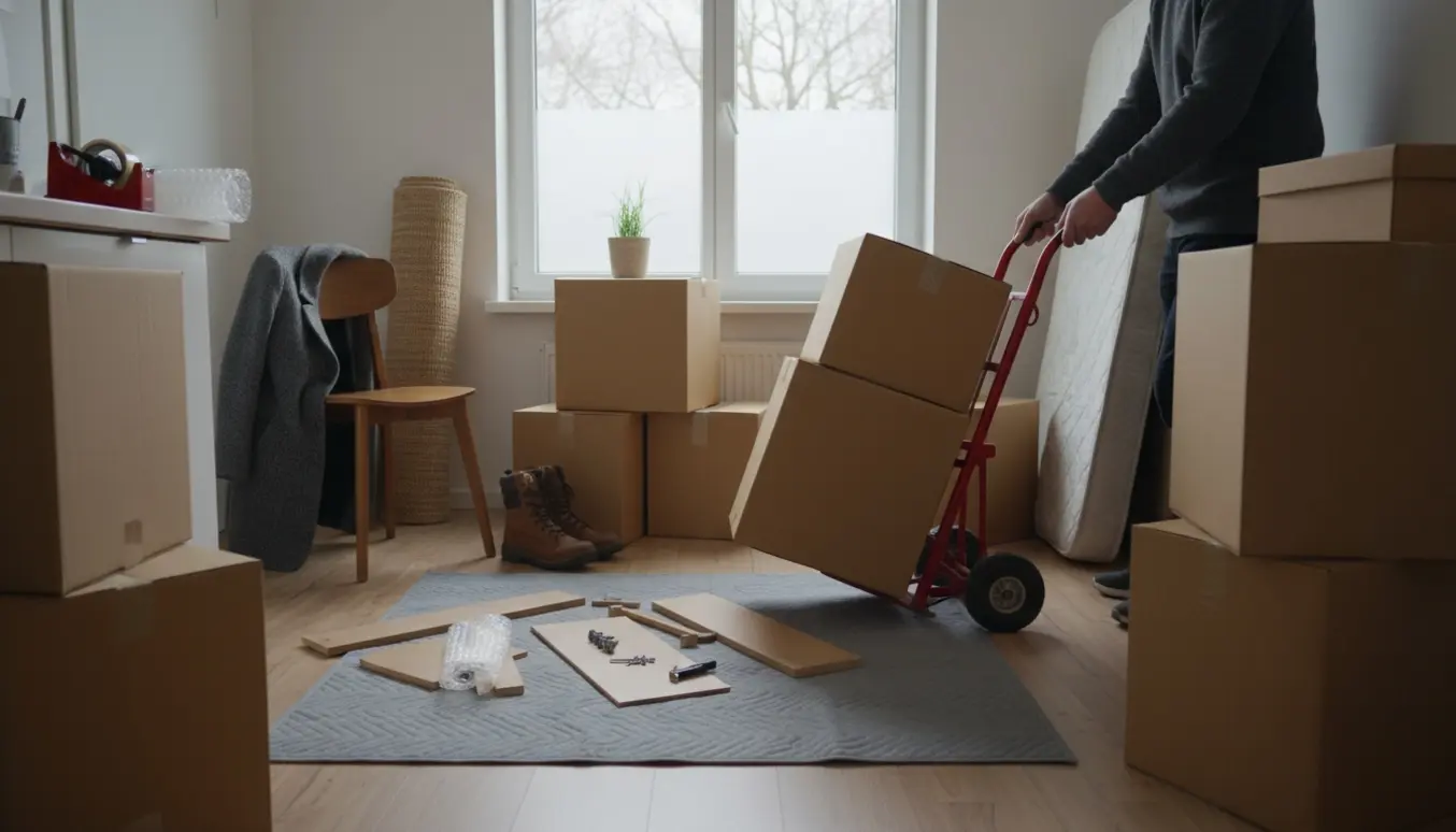 Lille 25 m² lejlighed under flytning med flyttekasser, dolly, møbler og vinterlys gennem vinduet.