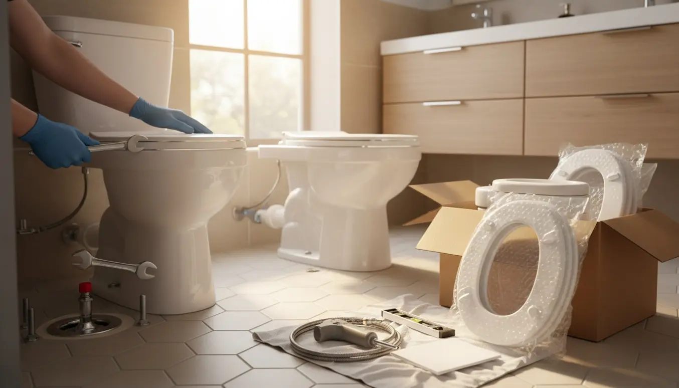 Tre toiletter i forskellige stadier af udskiftning med værktøj og nye toiletbrætter i et lyst badeværelse.