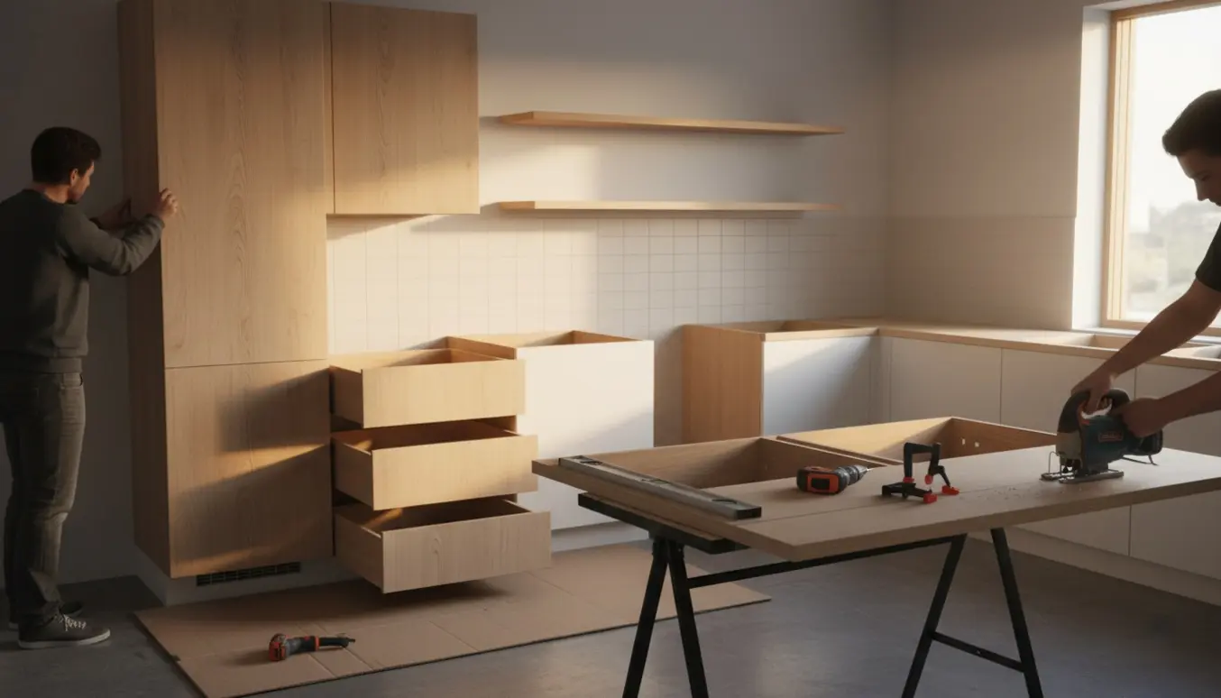 Fire nye Ikea-stil køkkenskabe monteres, mens en ny bordplade tilskæres i et eksisterende køkken.