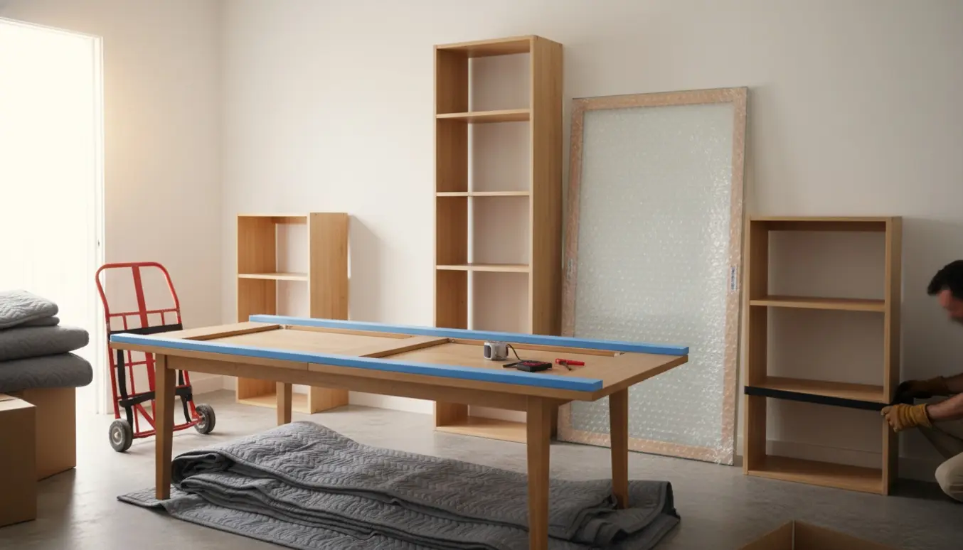 Tre adskilte reolmoduler med en indpakket glas skydelåge, et bord på flyttetæpper og flytteudstyr klar til transport.