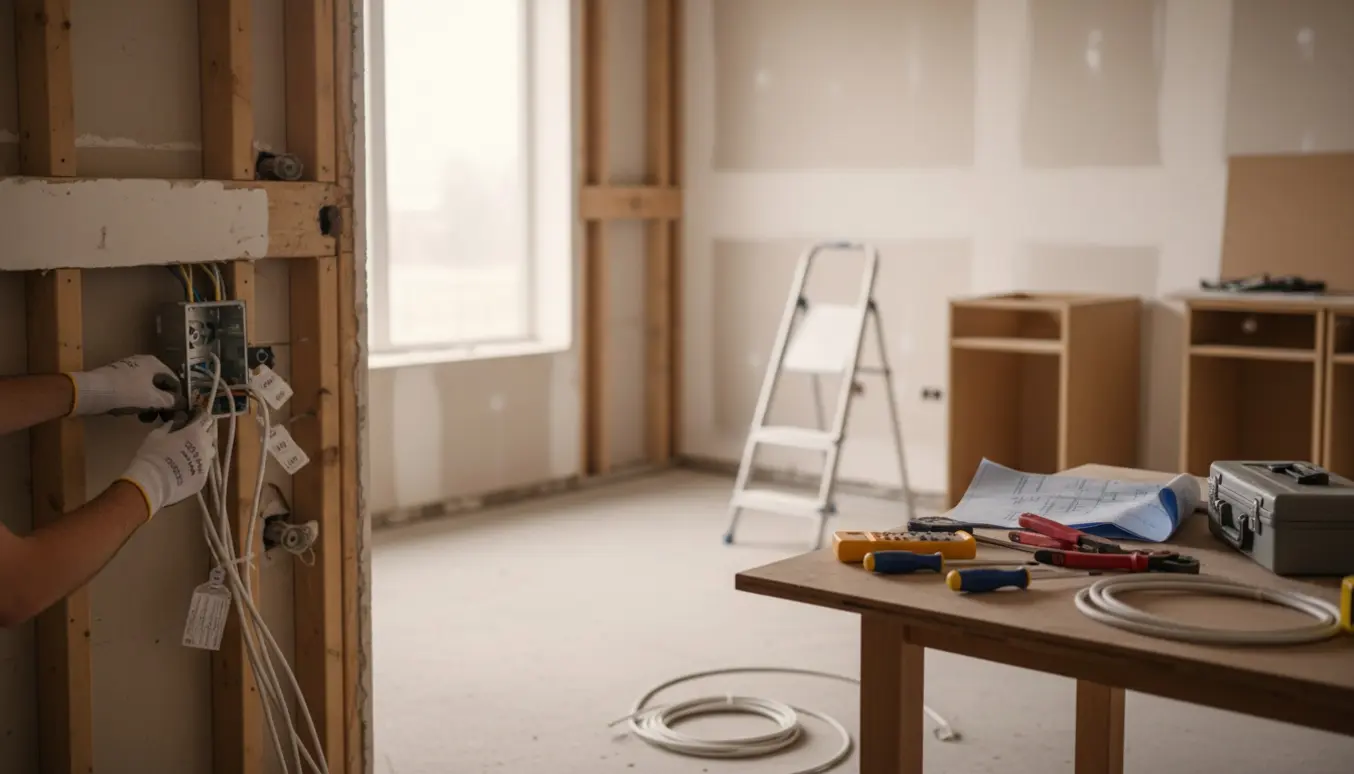 Elektriker arbejder med ledninger og installerer en ny stikkontakt i et tomt køkken klar til nyt køkken.