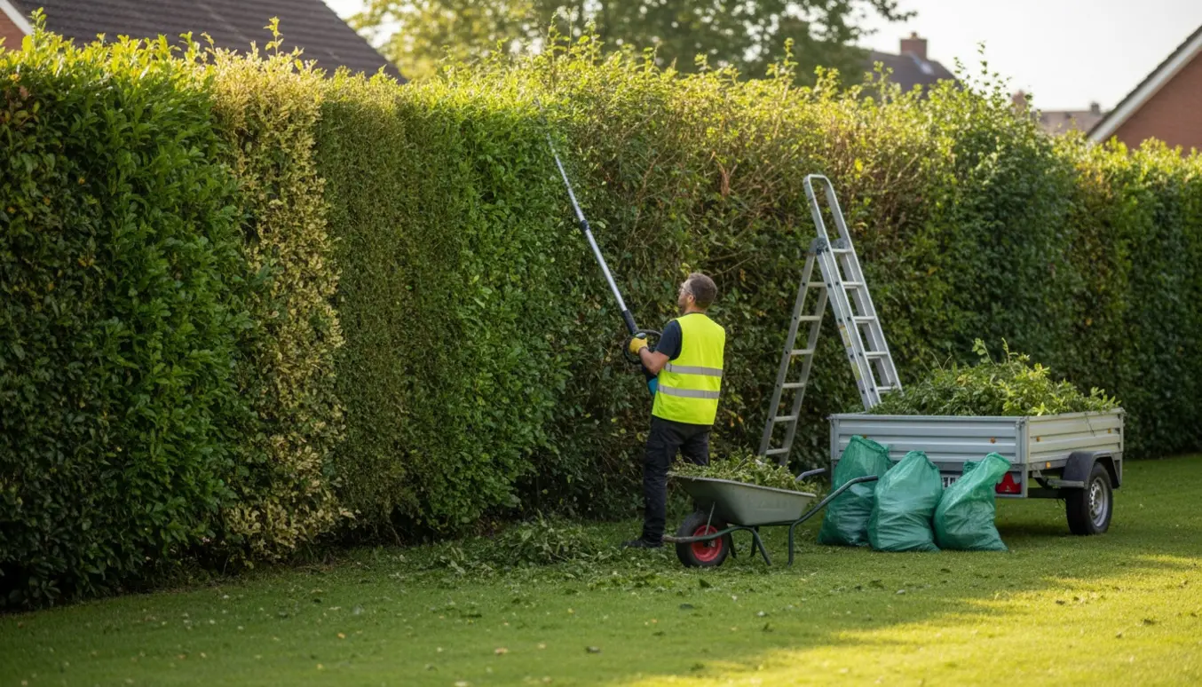 Lang hæk bliver klippet med teleskopisk hækkeklipper, afklip samles i trillebør og sække til bortkørsel.