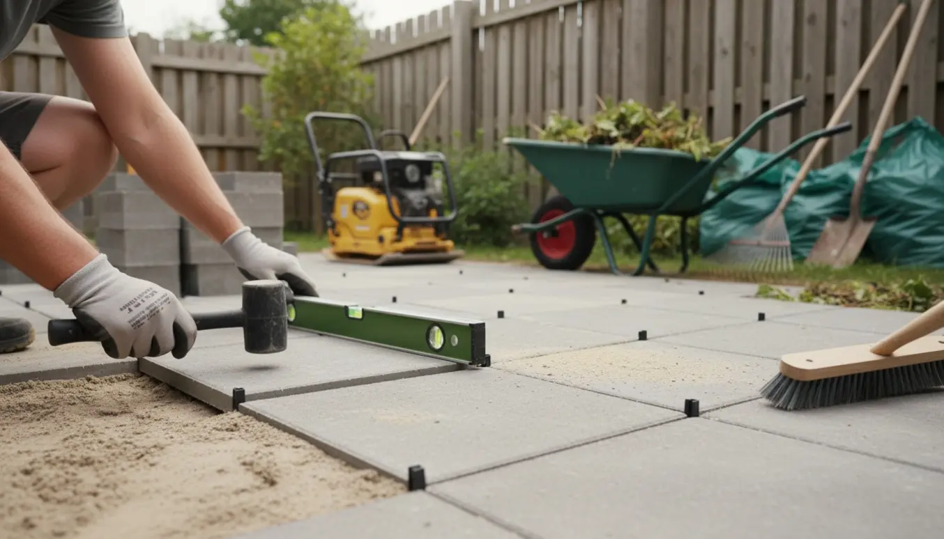 Hænder lægger 40x40 cm fliser på forberedt sand i en baghave med haveaffald og værktøj i baggrunden.