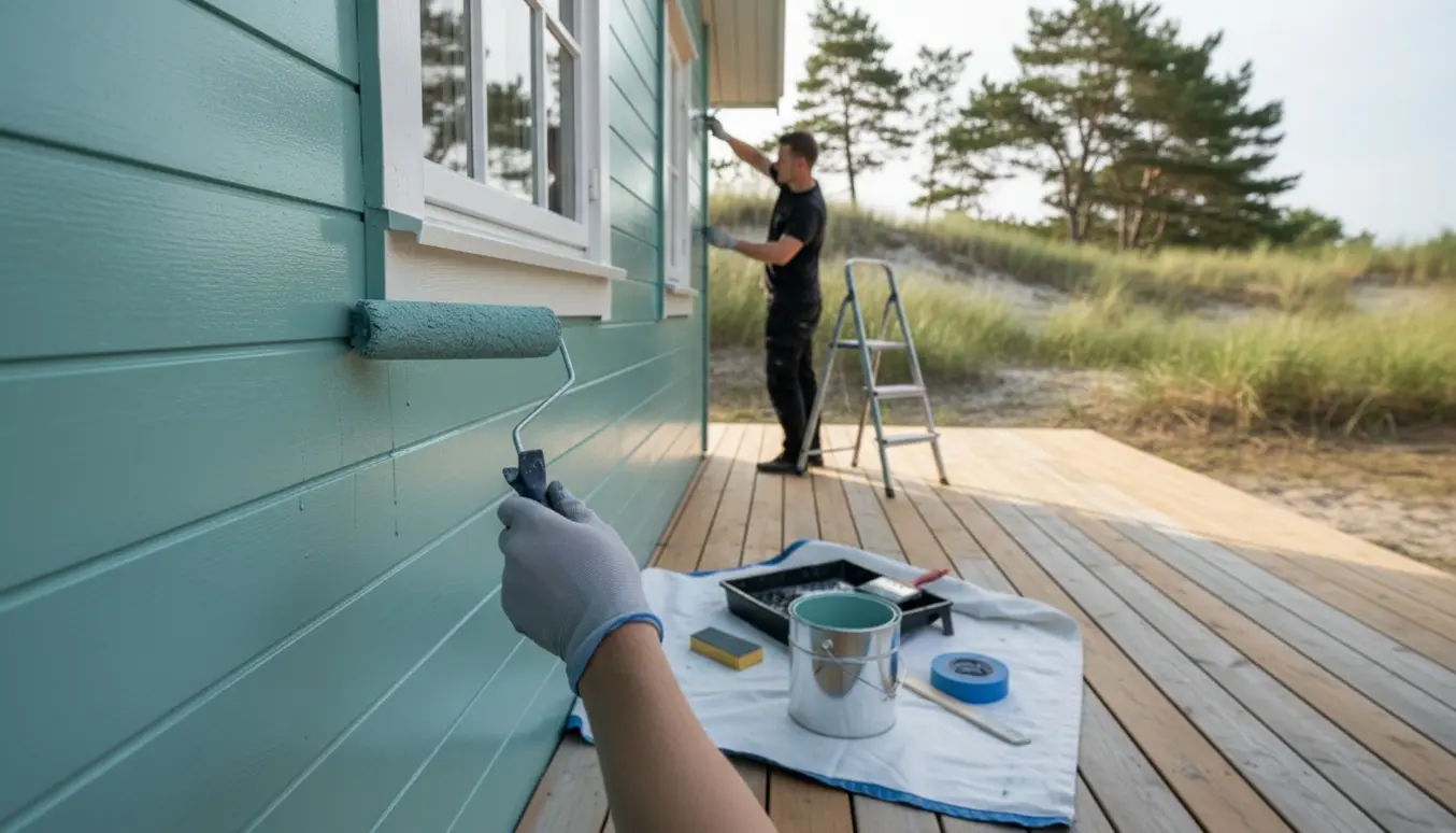 Hænder maler ydersiden af et lille sommerhus med malerulle og værktøj på en delvist behandlet terrasse.
