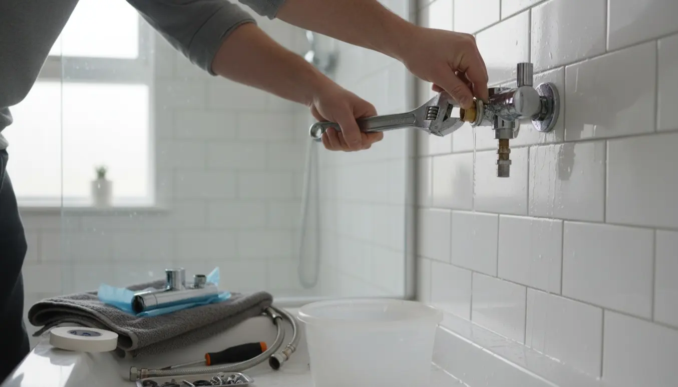 Nærbillede af hænder, der skifter et bruseblandingsbatteri i et lyst badeværelse med nyt batteri og værktøj ved siden af.
