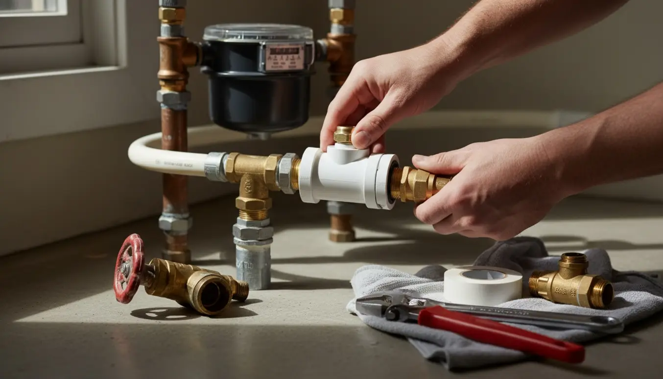 Hænder monterer en hvid 1-tommers stopventil efter en vandmåler og udskifter en drejeventil med en kugleventil.