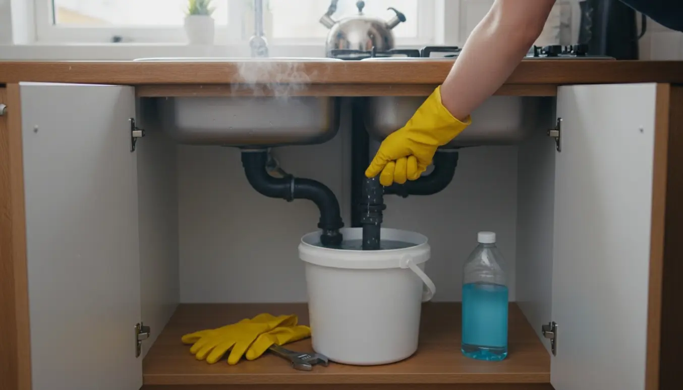 Åben køkkenvask med fjernet P-fælde i spand, handsker og værktøj ved rensning af afløb.