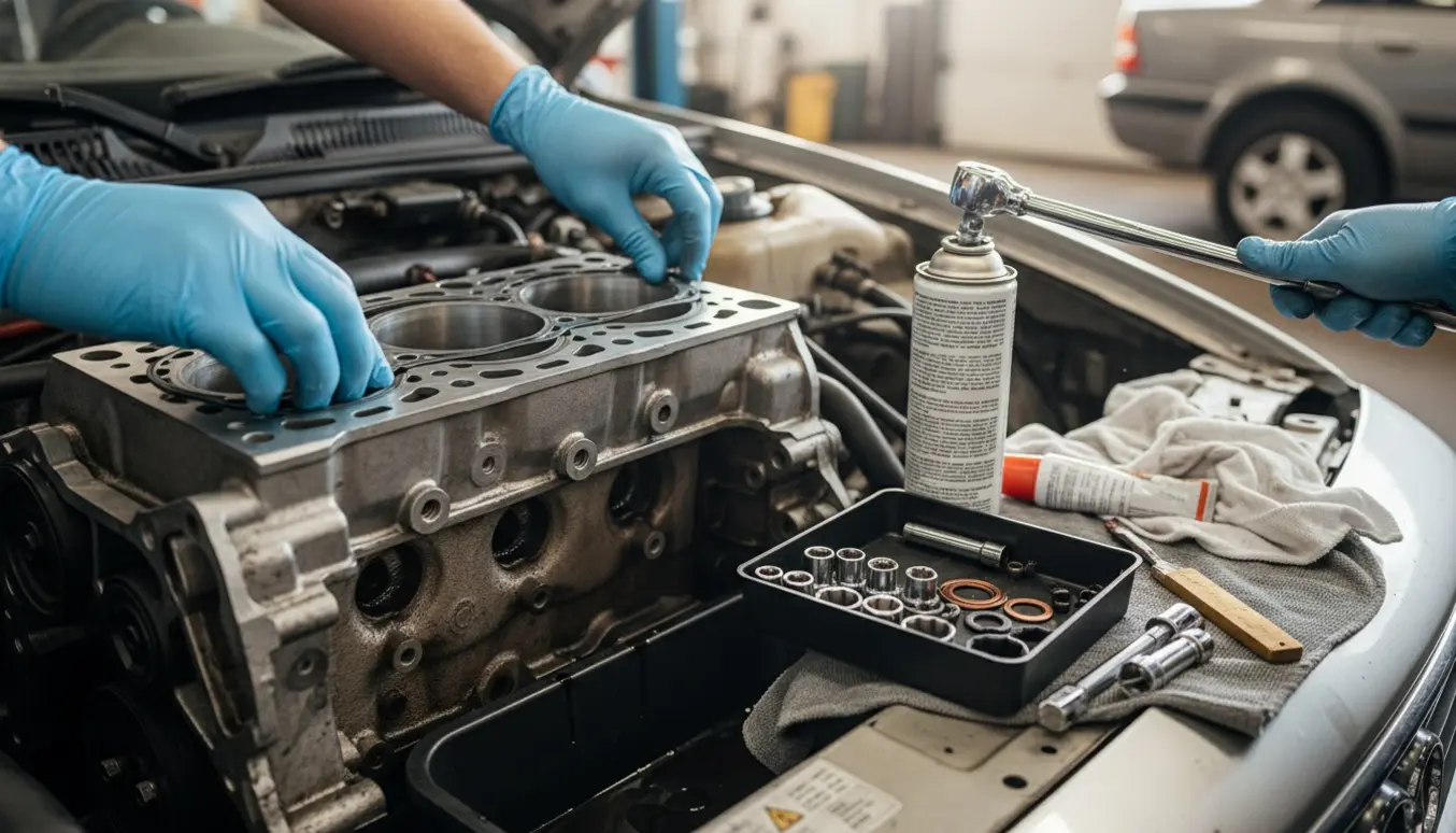 Hænder skifter toppakning på motoren i en Audi 100 fra 1992.