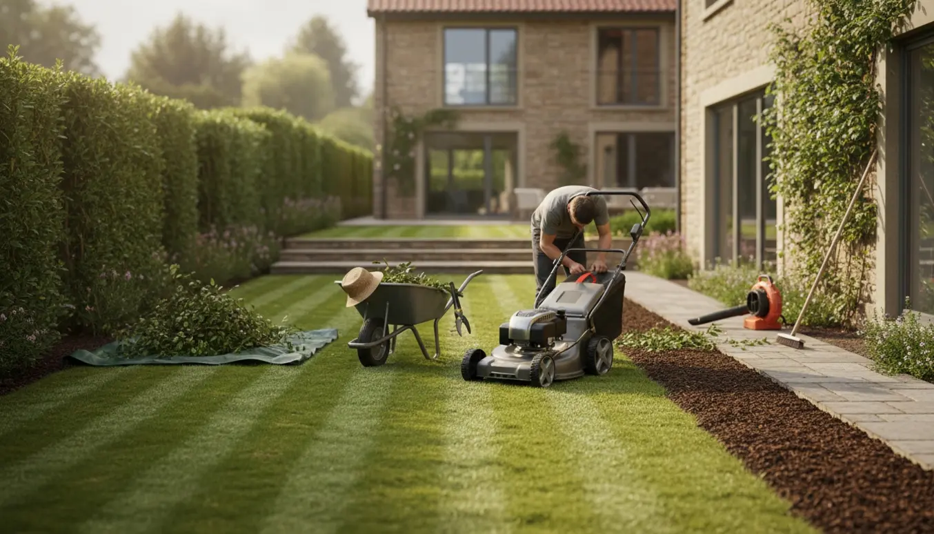 Nyklippet græs foran en nyskåret laurbærhæk med haveredskaber og en fejet gangsti ved huset.