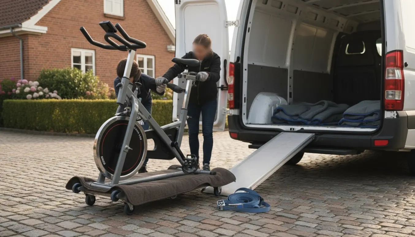 En spinningcykel løftes ind i en varevogn ved afhentning uden synlige ansigter.