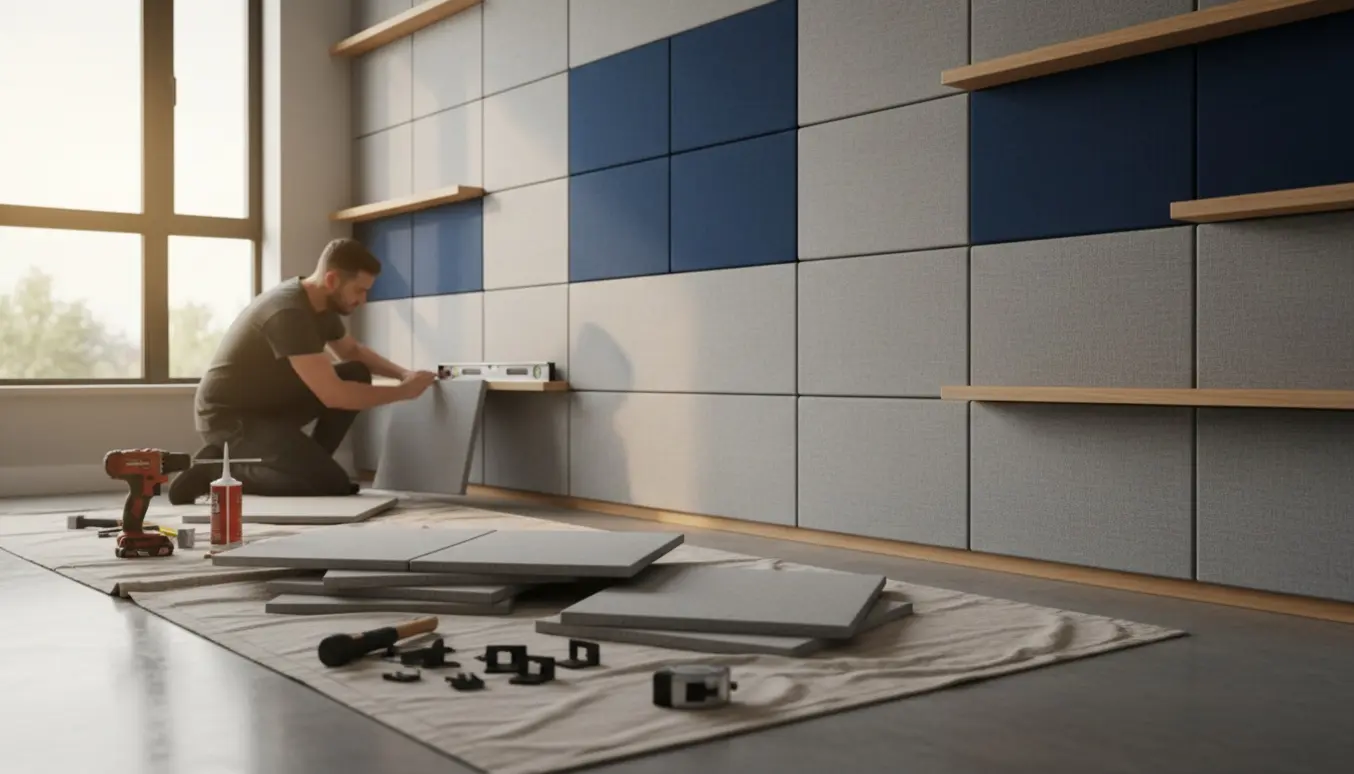 Hænder monterer stofbeklædte akustikpaneler på en tv‑væg i en moderne stue med værktøj i nærheden.