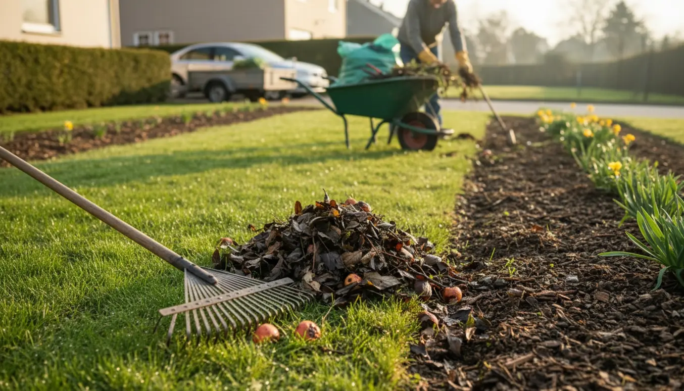 Forårsrengøring af have med rive, trillebør og samlede haveaffaldssække, person set bagfra.
