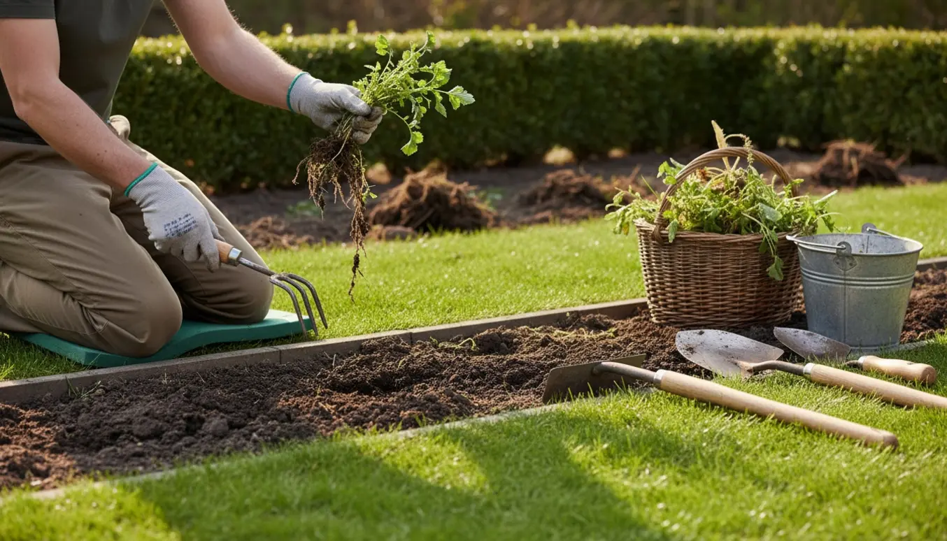 Nærbillede af havearbejde med lugning af bede, opkantet græs og opsamlet ukrudt i en solrig have.