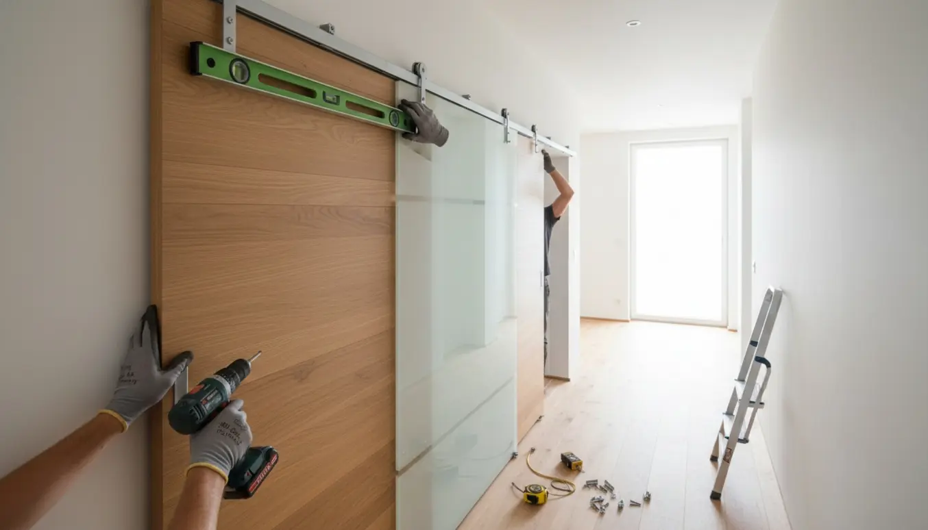 To skydedøre monteres i en lys gang med værktøj og hænder i arbejde.