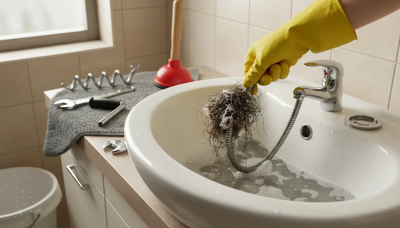 Hånd i gummihandske trækker en afløbsslange med hår op af en stoppet håndvask i et lyst badeværelse.