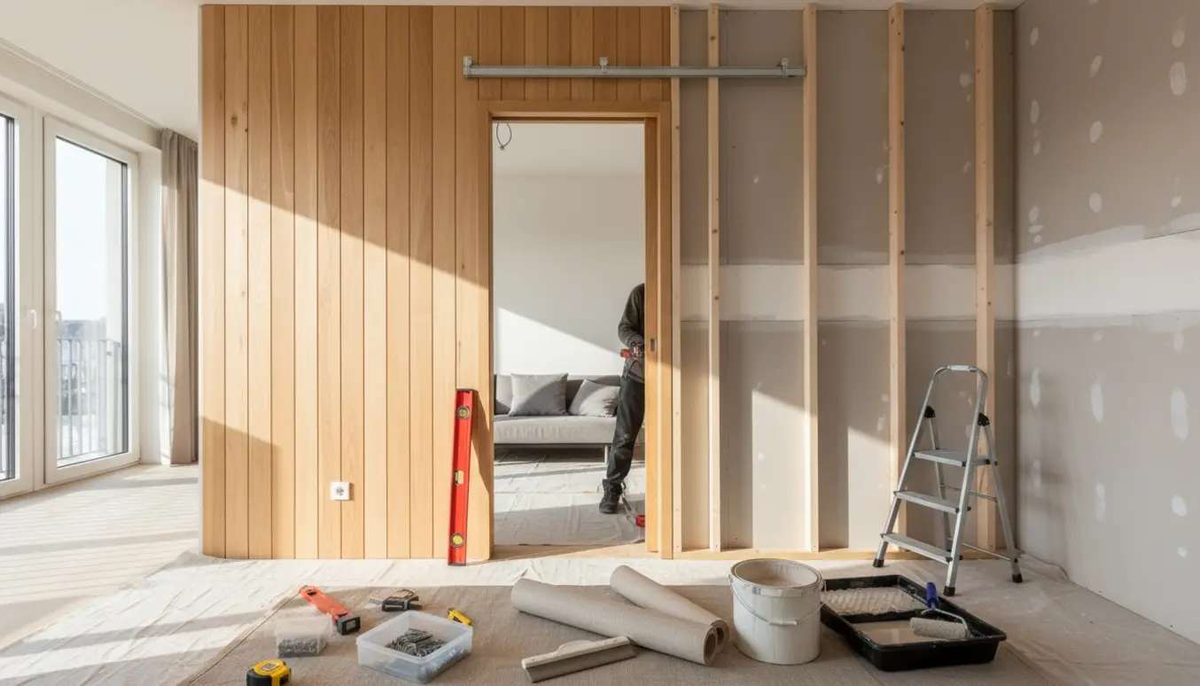 Delvist opført skillevæg med dørkarm til skydedør, paneler, tapet og malerudstyr i et lyst boligrum.