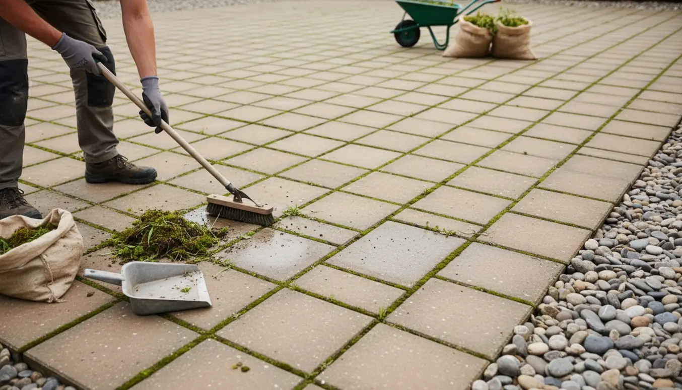 Fjernelse af ukrudt mellem fliser og havesten med redskaber og en bunke afrevet ukrudt.