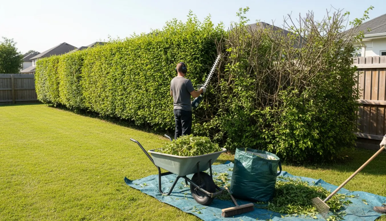 Lang hæk klippes professionelt, mens afklip samles i trillebør og på presenning.