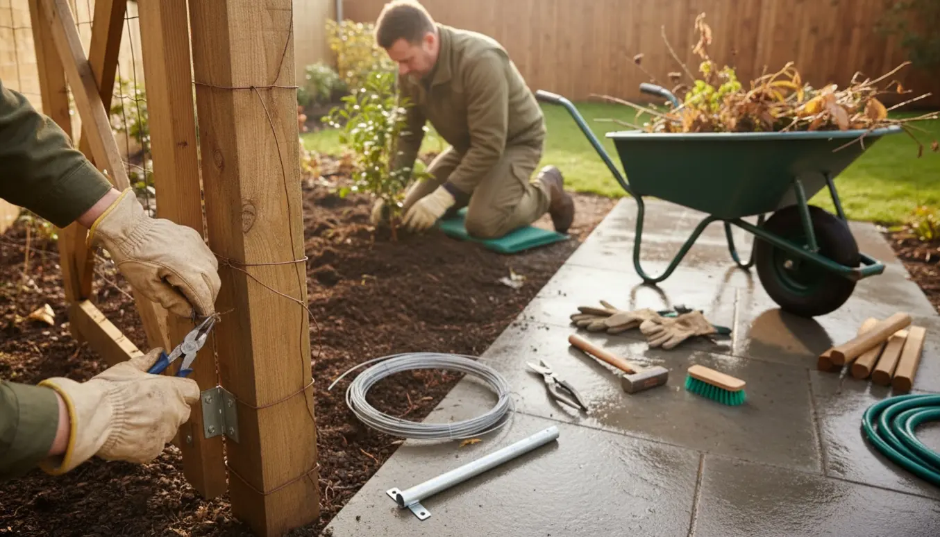 Hænder retter trådhegn ved en havelåge, renser fliser og planter buske i en lille have.