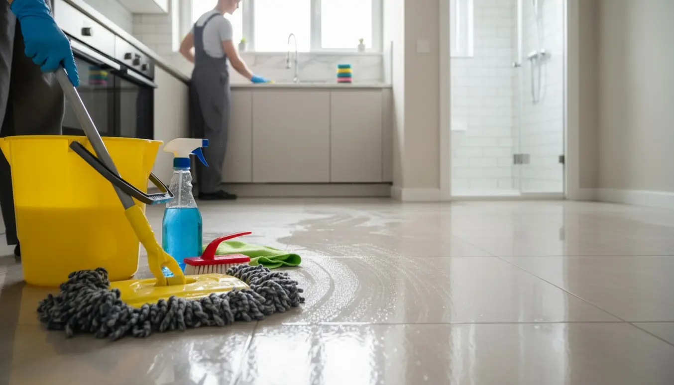 Rengøringsudstyr og en person i handsker mopper et skinnende køkkengulv med et rent badeværelse i baggrunden.