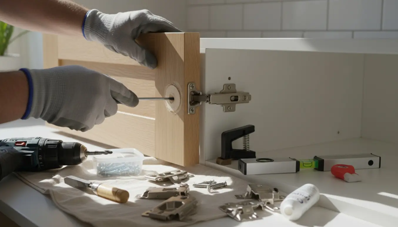 Nærbillede af hænder, der monterer en ny køkkenlåge med korrekt beslag på et repareret skab.