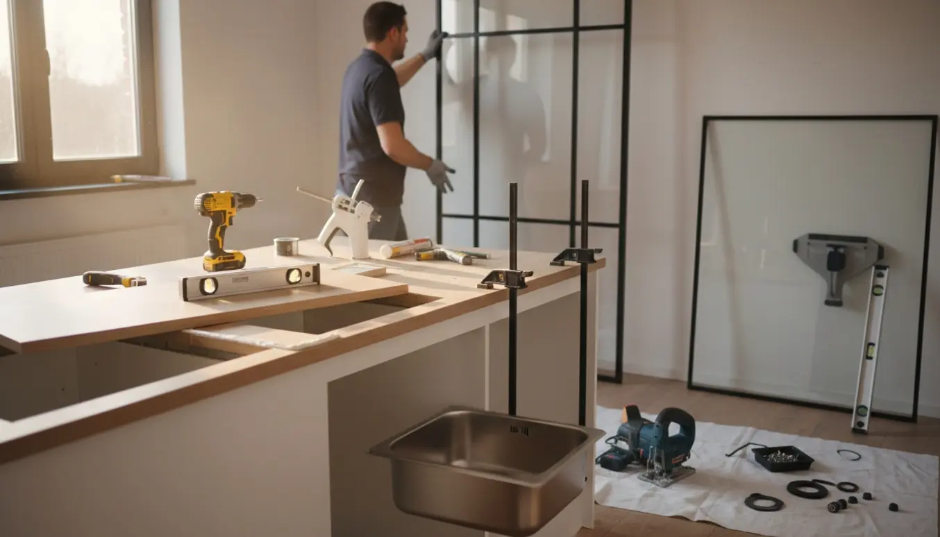 Installatør monterer nye laminatbordplader og en sortrammet glasvæg med skydedør i et lyst køkken.