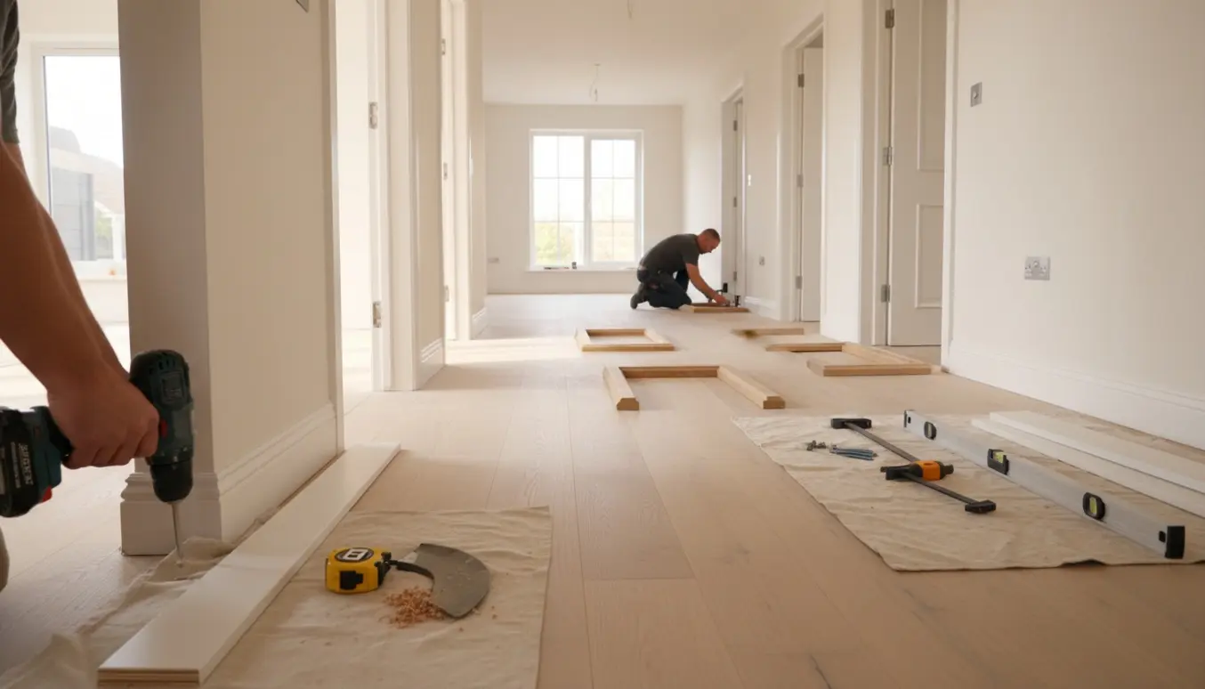 Tømrer monterer lister og dørtrin i et nyrenoveret hus med værktøj og materialer i forgrunden.