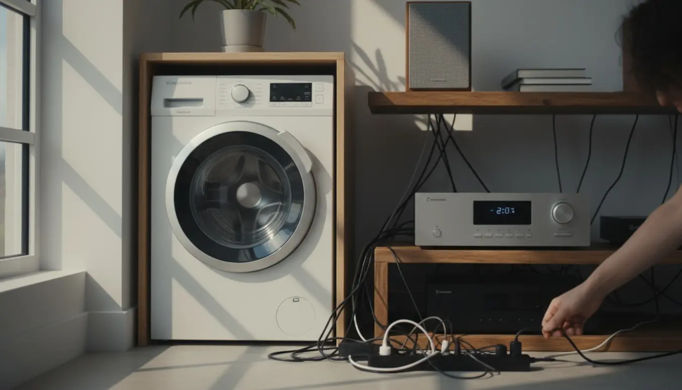 En vaskemaskine slår hi-fi-anlæggets lys fra med synlige kabler og en hånd ved stikket.