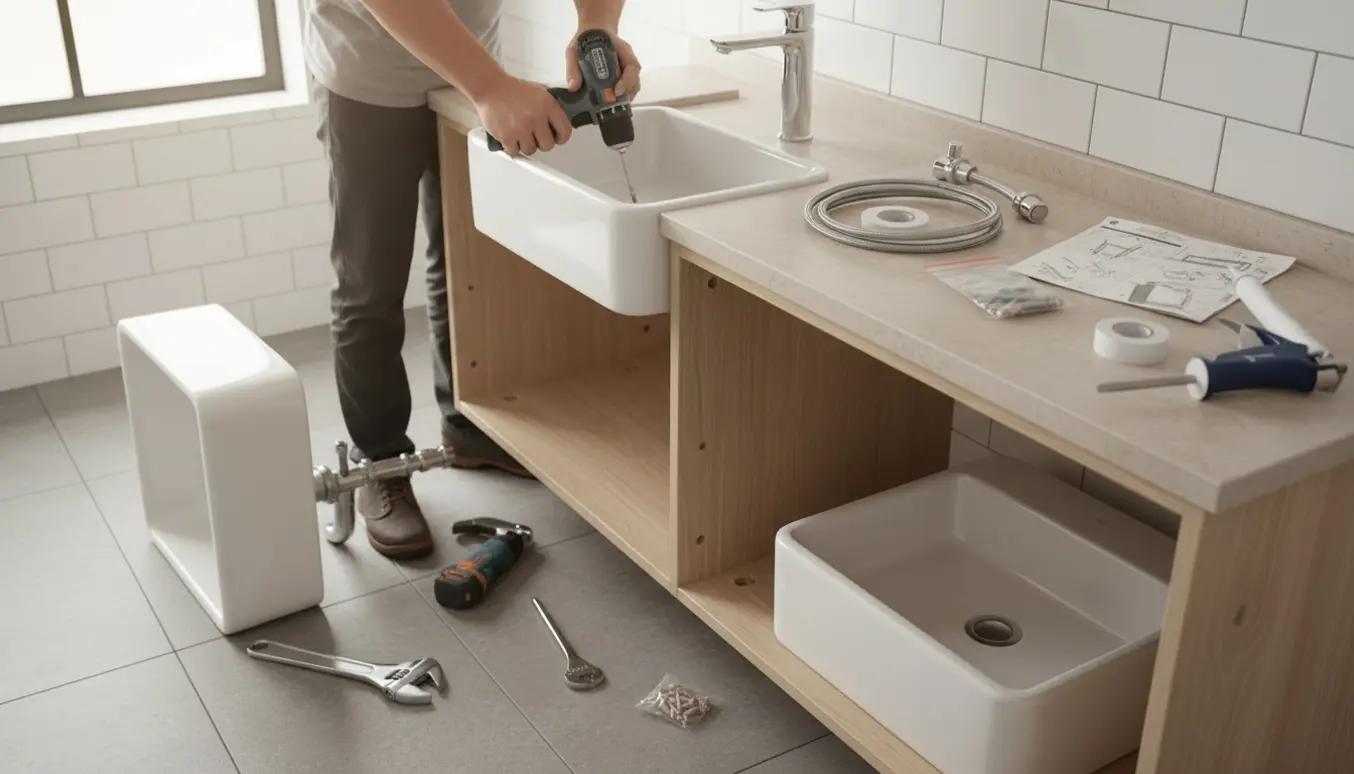 Hænder afmonterer en gammel vask og samler et nyt Ikea-underskab i et lyst badeværelse, mens det gamle blandingsbatteri bevares.