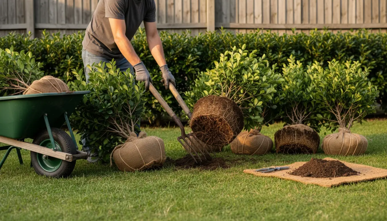 En gartner graver forsigtigt ti hækplanter op i en solrig forhave med rodklumper og haveværktøj i forgrunden.