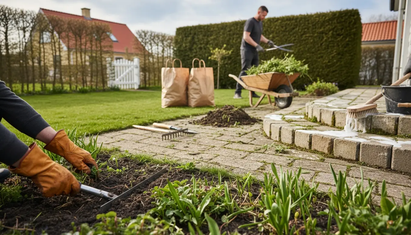 Villahave i forårsklargøring med lugning, kantning, rensning af fliser og klippet hæk, haveredskaber og papposer i forgrunden.