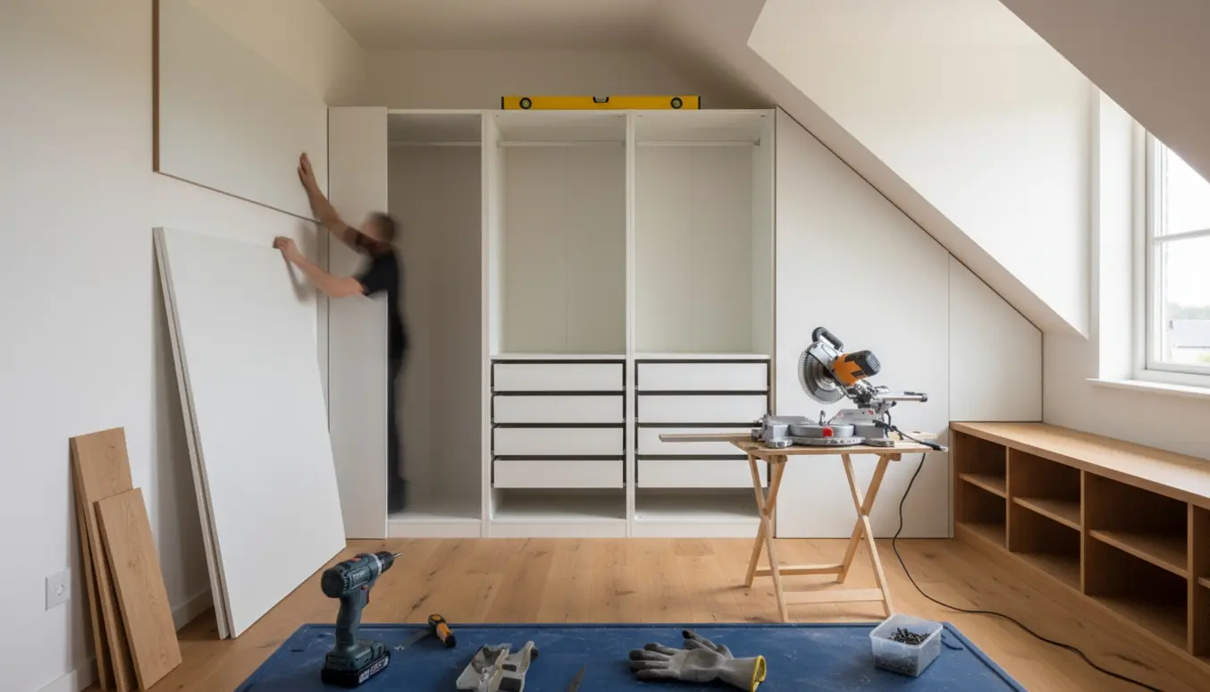 Delvist indbygget Ikea PAX-skab ved en skrå væg med MDF-paneler, værktøj og en lav kommode under loftet.