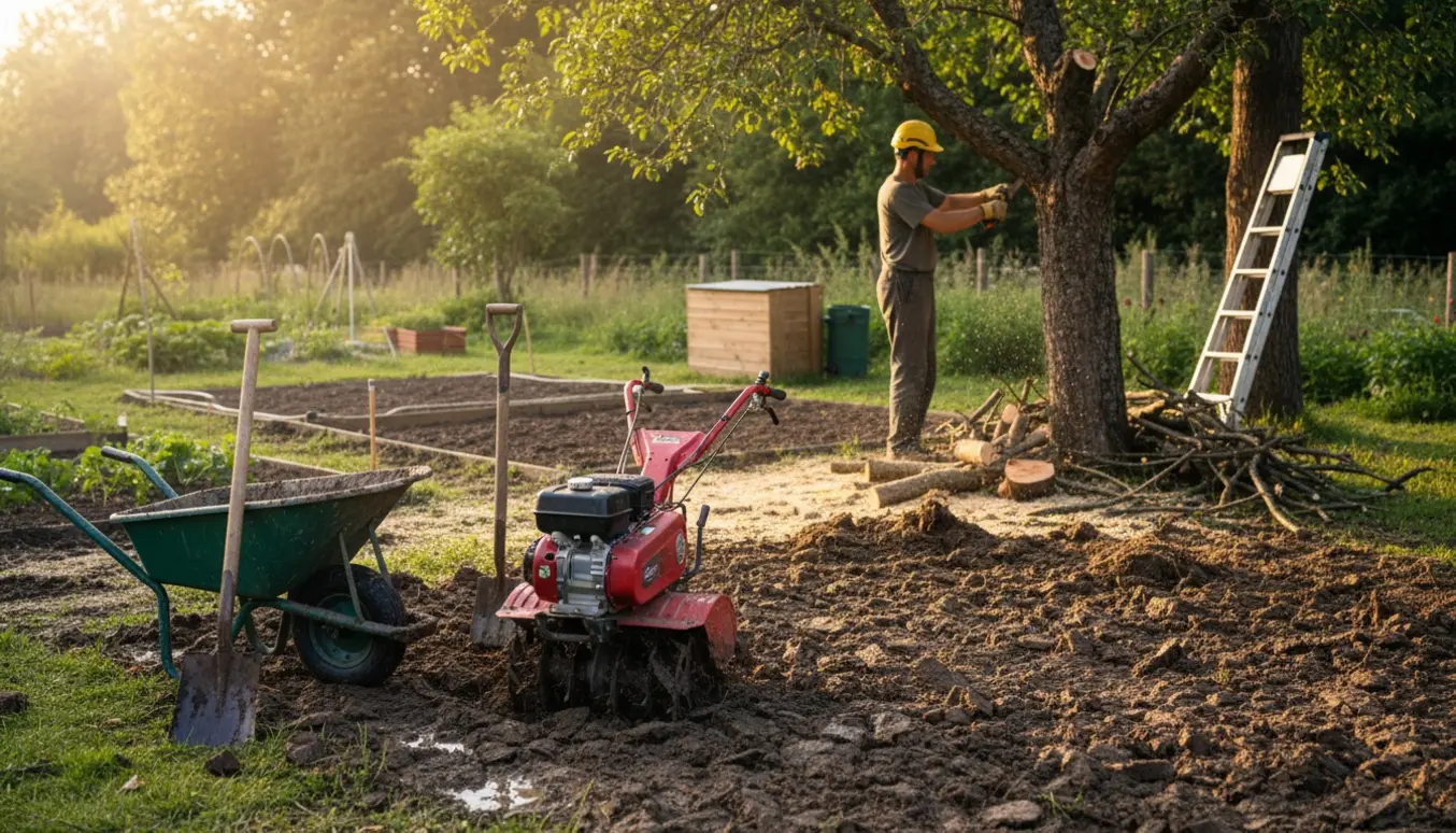 Våd køkkenhave fræset i forgrunden, mens grene saves og stables i baggrunden.
