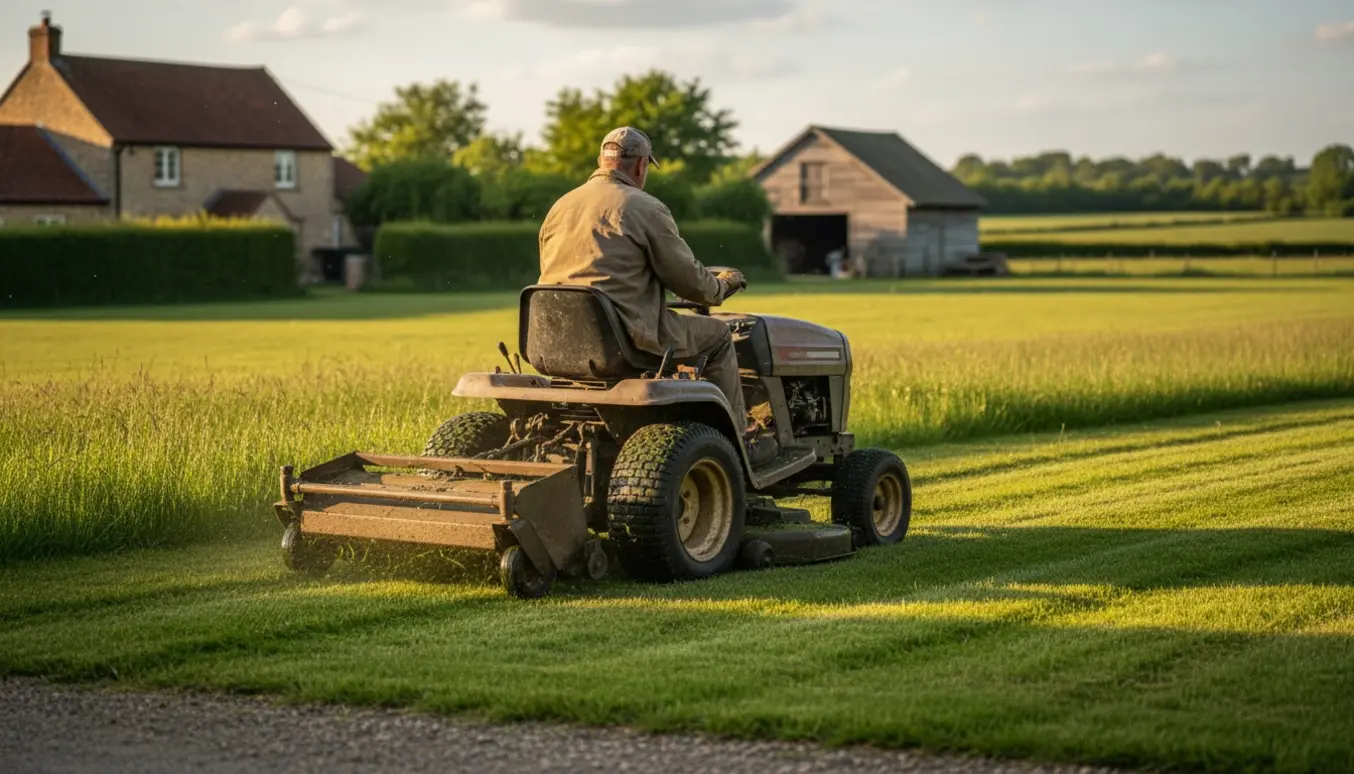 Havetraktor slår græs på en landejendom i varmt aftenslys, med nyklippet plæne og gårdbygninger i baggrunden.
