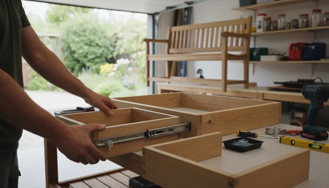 Nærbillede af hænder, der monterer en skuffe på skuffeskinner med løbehjul ved siden af en sammensat havebænk i en lys garage.