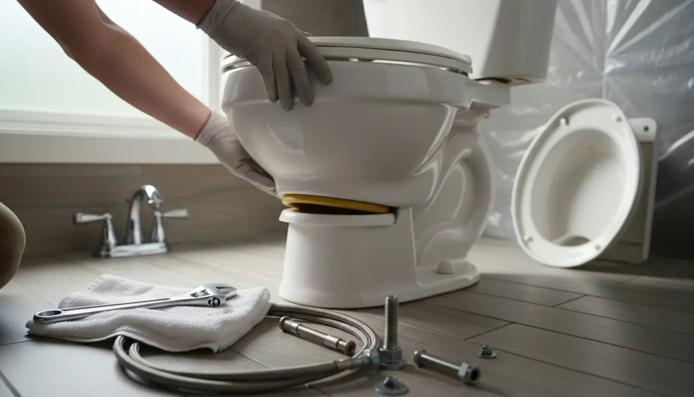 Nyt toilet monteres i et lyst badeværelse med værktøj klar ved siden af.