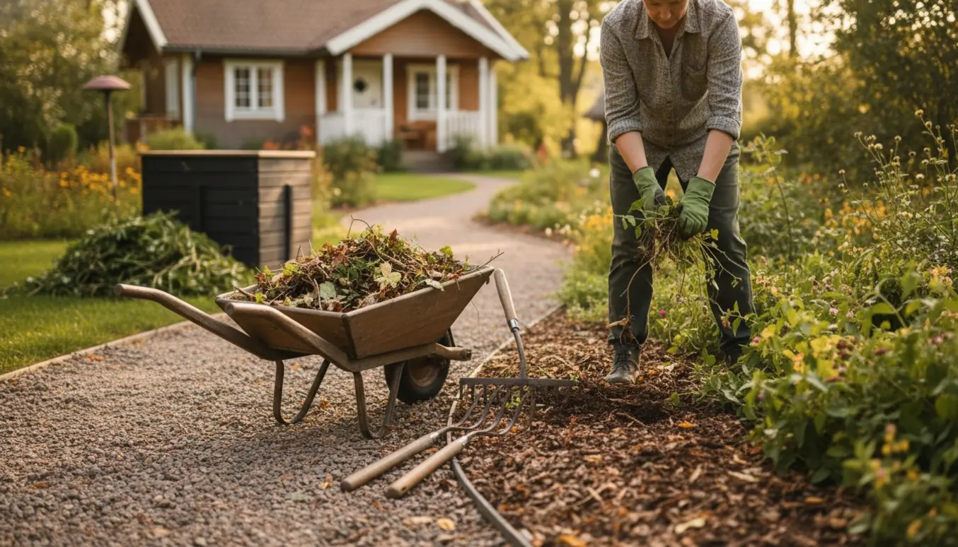 En person luger i en sommerhushave ved et blomsterbed med trillebør og kompost i baggrunden.