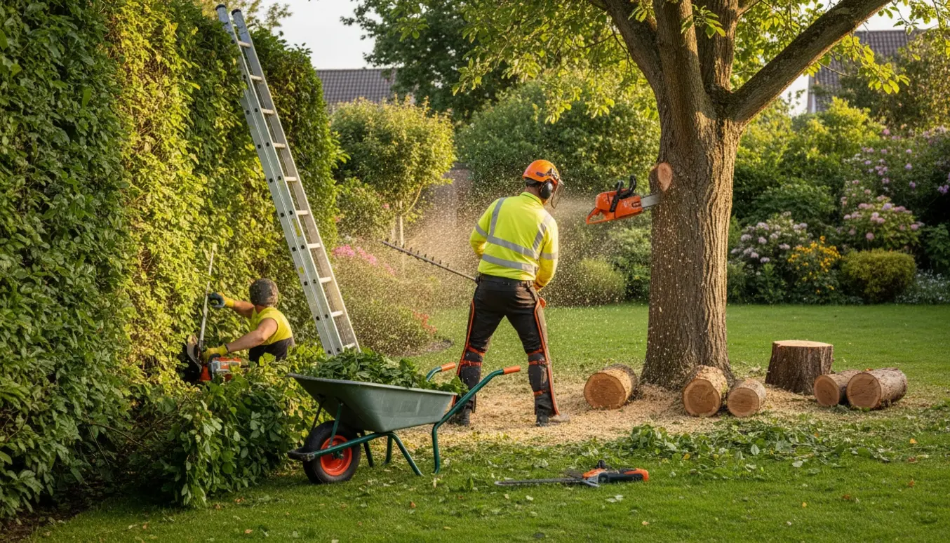 En havearbejder beskærer en bøgehæk og fælder et valnøddetræ med motorsav, mens grene og savsmuld ligger på græsset.