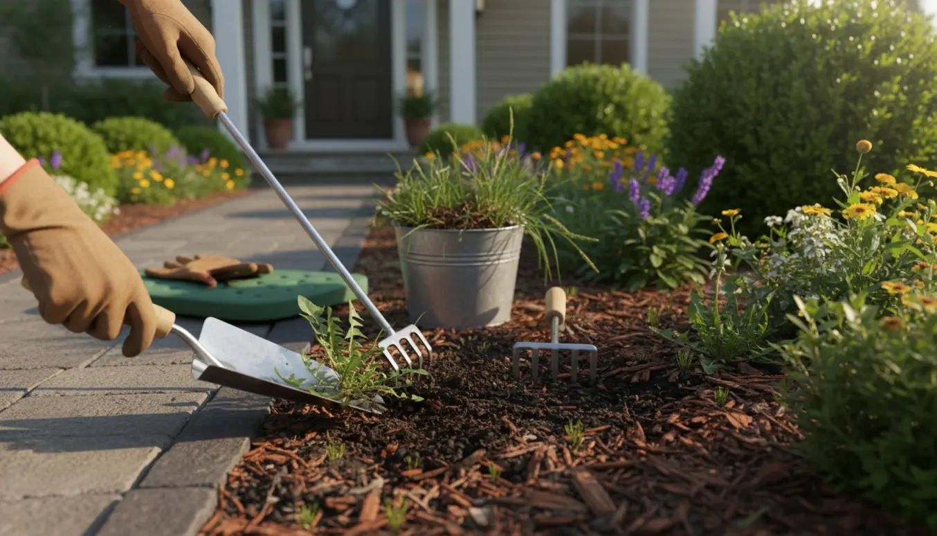 Nærbillede af handsker og haveredskaber mens ukrudt fjernes i en lille forhave.