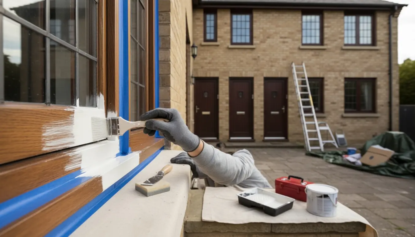 Nærbillede af en trævinduesramme på et toplans rækkehus, der bliver malet med pensel, med stige og malerbøtte i baggrunden.