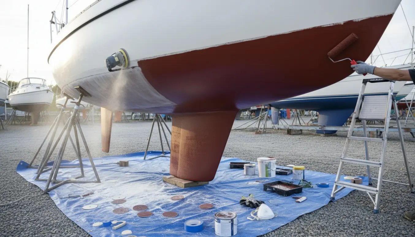 En Maxi 77 på land, hvor bunden slibes og får påført bundmaling med pensel og rulle.