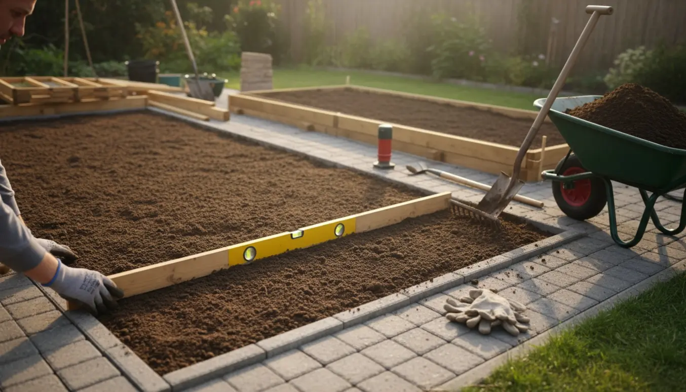 To udgravede højbedspladser ved fliser, hvor jorden glattes med en lang træscreed og en vaterpas.