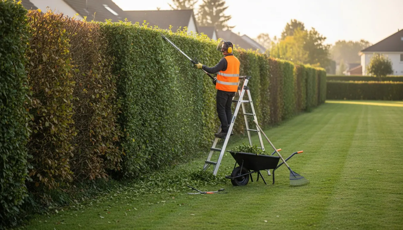 En person klipper en høj, ca. 20 meter bred hæk fra en stige i en solbeskinnet have.