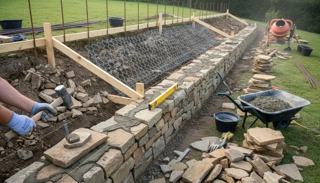 Reparation af væltet støttemur med stenkasser, rionet og håndværktøj i en have.